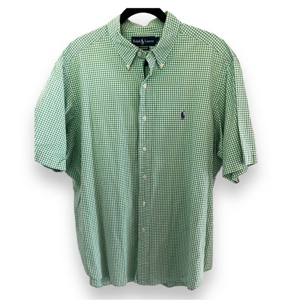 Ralph Lauren Classic Fit Short Sleeve Button Shirt green/white checkered Size XL